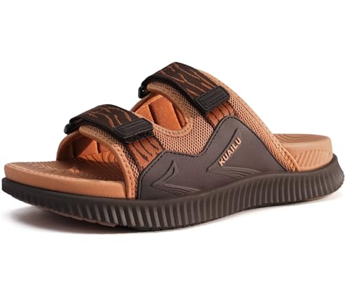KuaiLu Mens Walking Slide Sandals Orthotic Athletic Thick Cushion Recovery Sport Sandles Adjustable Strap Open Toe Slip On Yoga Mat With Comfortable Plantar Fasciitis Arch Support Khaki Size 7
