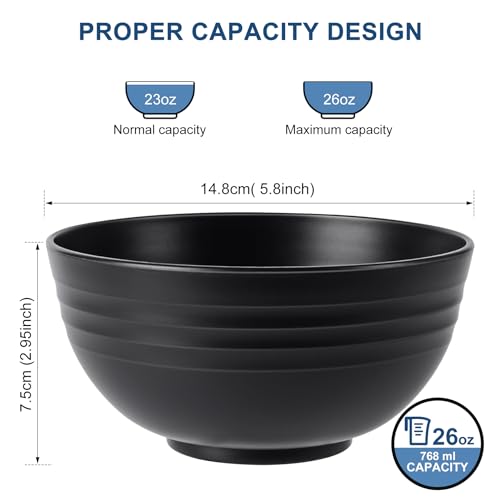 HOTEC Unbreakable Wheat Straw Cereal Bowls - Microwave & Dishwasher Safe Soup and Salad Bowls, Set of 8, 26oz, BPA Free, Black