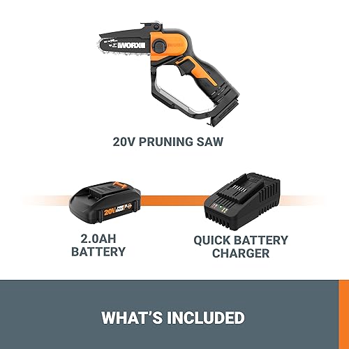 Worx 20V 5" Mini Cordless Chainsaw, 3.9 lbs, 22 ft/s Chain Speed, Power Share Battery, Upper & Hand Guard WG324 - Battery & Charger Included