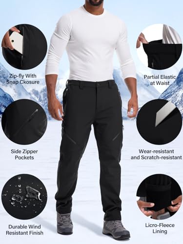 Men's Snow Ski Waterproof Fleece Lined Pants Winter Insulated Outdoor Hiking Mountain Softshell 6078-Black-29
