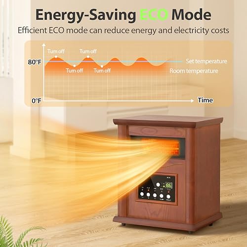LifePlus Electric Infrared Space Heaters for Indoor Room Use, 1500W Box Space Heater with Wood Frame, Remote Control and Timer, Multiple Security Protections, Nice for Living Room Home Office
