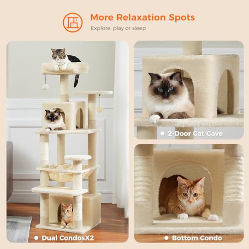 PAWZ Road Cat Tree, 53.5 Inches Tall Cat Tower with Spacious Hammocks, Condos and Scratching Posts, Cat House with Dual Padded Perches for Indoor Large Cats-Beige