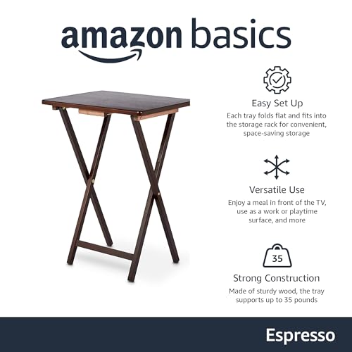 Amazon Basics Classic Foldable Portable TV Dinner Rectangular Folding Tray Table with Storage Rack - 4-Pack, Espresso, 14.6 L x 19 W x 26 H inch