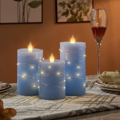 CozierGlowWax Flameless Pillar Candles Flickering with String Lights, 3D Moving Flame Candles with Remote Timer, Set of 3, 3 x 4, 5, 6 Inches, Remote Included (Pink)