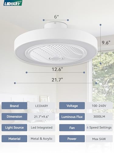 LEDIARY 20 Inch Low Profile Ceiling Fan With Light, Led Bladeless Ceiling Fan, Remote Control Enclosed Flush Mount Ceiling Fan With Timming, 3000-6000K, 6 Wind Speed, 3000LM, 57W-White