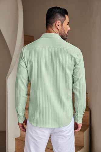 COOFANDY Mens Casual Shirts Long Sleeve Button Up Dress Shirts for Men Linen Beach Wedding Shirts Light Green
