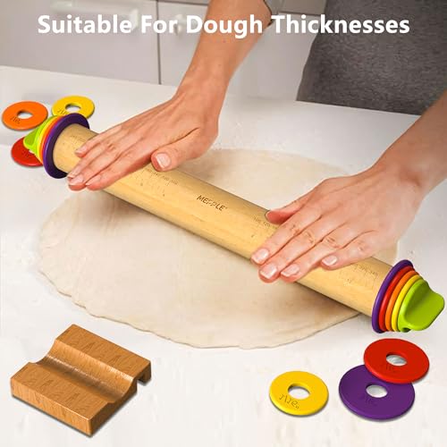 Mepple Rolling Pin with Thickness Rings for Fondant, Pizza, Pie Crust, Cookie, Pastry, Roller Rod for Dough Thickness, Adjustable Rolling Pin for Baking, Wood Rolling Pin 13.6" with 4 Thickness Rings