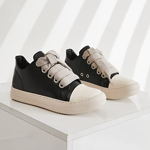 MOFEEDOUKA Womens Low Top Sneakers Thick Shoe Laces PU Leather Platform Comfort Walking Shoes Black