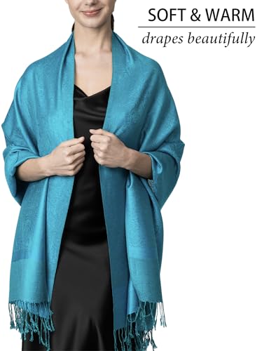 Achillea Women's Two Tone Vintage Jacquard Paisley Pashmina Shawl Wrap Scarf (Light Blue Tan)