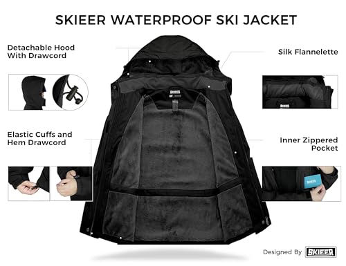 Skieer Women's Waterproof Ski Jacket Winter Snowboarding Coat(Black,XS)