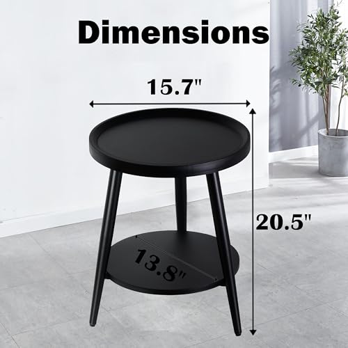 FANTERSI Small Round Side Table, 2-Tier Mid Century Modern Side Table, Round End Table Small Side Table for Living Room, Metal Frames, Black