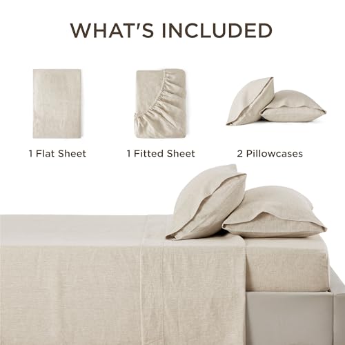 Bedsure Linen Sheets - Twin Linen Bed Sheet, 3 Pcs Twin Sheets Set Cotton Linen, Linen Cotton Blend Sheets for All Seasons, 1 Flat Sheet, 1 Fitted Sheet and 1 Pillowcase (Linen, Twin)