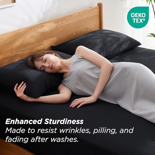 Bedsure Twin Fitted Sheet 2 Pack, Jersey Knit Polyester Twin Sheets, Cozy T-Shirt Soft & Breathable 16" Deep Pocket Sheets for Twin Bed, Wrinkle Free with 1 Pillowcase, Black(39" x 75")(No Flat Sheet)