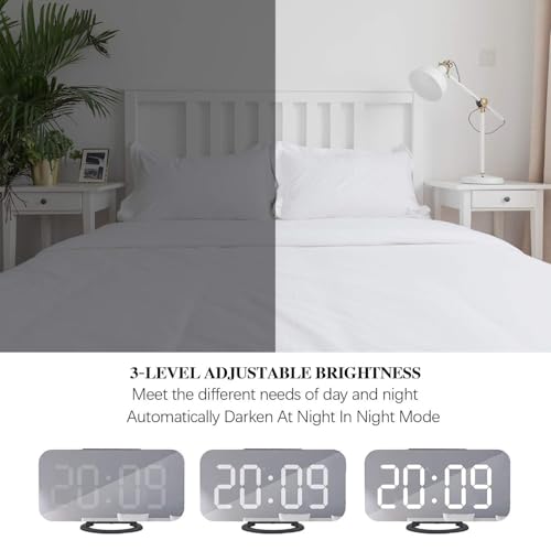 Miowachi Digital Alarm Clock,Large Mirrored LED Clock,Snooze,Dim Night Light 2 USB Charger Ports Desk Alarm Clocks for Bedroom Decor (Black)