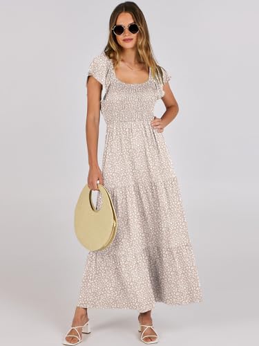 ANRABESS Women’s 2024 Summer Casual Floral Maxi Dress Flutter Sleeve Scoop Neck Smocked Tiered A Line Flowy Beach Long Sun Dresses Green Floral X-Large