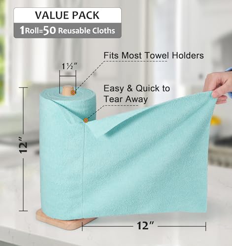 UPSTAR Microfiber Cleaning Cloth, Reusable Paper Towels Rolls, Cleaning Rags for Kitchen, Bathroom, Car, 12x12 inch, 50 Packs/Roll, Blue