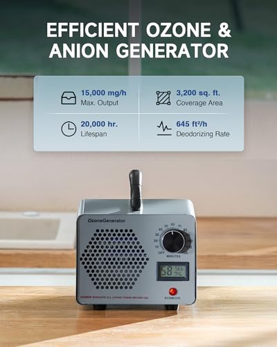 CREWORKS Ozone Generator, 5000 mg/h High Capacity Ozone Machine for Car Home Smoke Pet Odor Removal, Commercial Ozone Odor Eliminator Air Purifier with Timer Display for 3200 sq ft Room, Silver