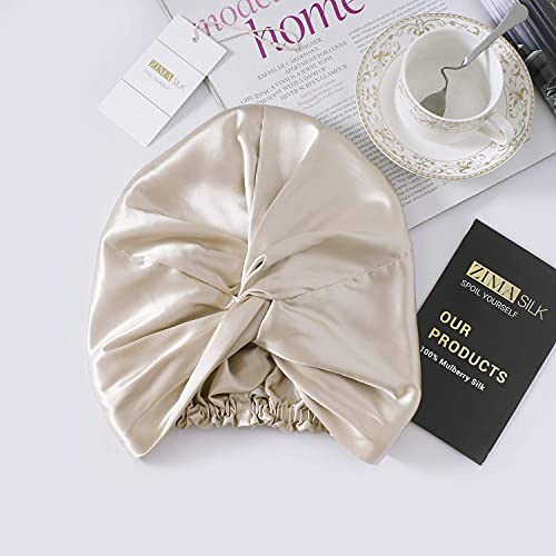 ZIMASILK 22 Momme 100% Mulberry Silk Bonnet for Sleeping & Women Hair Care, Highest Grade 6A Silk Hair wrap for Sleeping with Premium Elastic Stay On Head (1Pc, Beige)