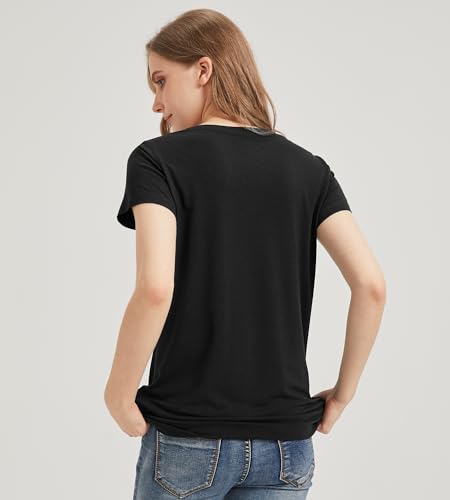 netdraw Women's Ultra-Soft Bamboo Viscose V-Neck T-Shirt Long Sleeve Trendy Casual Sleep Pajama Tops, Black, Small