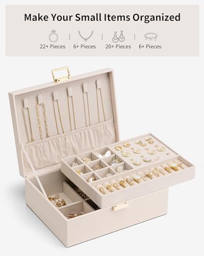 Vlando 2 Layer Jewelry Box Large Jewelry Organizer for Women Removable Jewelery Tray for Necklace Earrings Rings Bracelets Jewelry Boxes Mothers Day Gifts for Mom Wife (Light Pink)