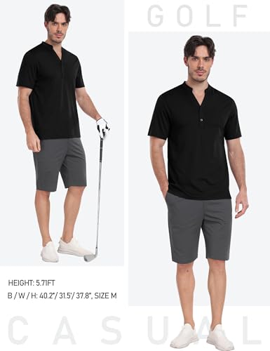 MoFiz Baron Men's Quick Dry Golf Polo Shirts Short Sleeve Henley Shirt Active Athletic Collarless Sport Polo Shirts Black Small