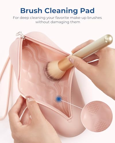 BAGSMART Makeup Brush Holder Bag Travel with Metal Zipper Closure, Travel Make Up Brush Case Cosmetic Bag, Silicone Soft Portable Face Brushes Travel Essentials Organizer Holder, Light Khaki