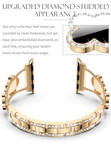 CTYBB Bling Womens Band Compatible with Apple Watch Band 40mm 41mm 38mm Series 9 8 7 6 5 4 3 2 1 SE, Sparkle Diamond Replacement Bracelet Wristband, Cute Lucky Clover Dressy iWatch Band,Gold/Black
