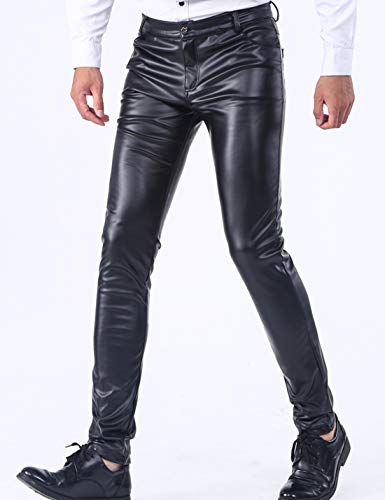 Yeokou Mens Business Casual High Waist Straight Leg PU Faux Leather Biker Pants(Black(Skinny Leg)-30)