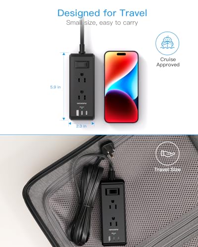 Cruise Ship Essentials, Flat Plug Extension Cord, Power Strip with 6 Outlets 3 USB Ports(2 USB C), 5ft Outlet Extender with Wall Mount No Surge Protector for College Dorm Room Travel Essentials