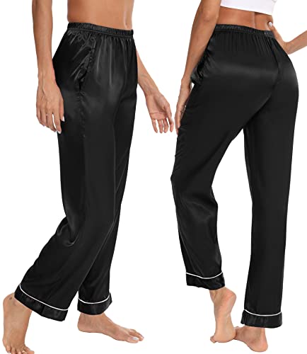 SWOMOG Women's Silk Satin Pajama Bottoms Wide Leg Pants Loose Lounge Lightweight Palazzo Pants Pj Casual Trousers with Pockets