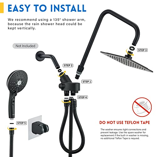 Ryamen Dual Shower Head Combo, Black 8'' High Pressure Rain/Rainfall Shower Head,5 Settings Adjustable Handheld Showers,with 15" Height Adjustable Slide Bar,Holder/59’‘ Hose