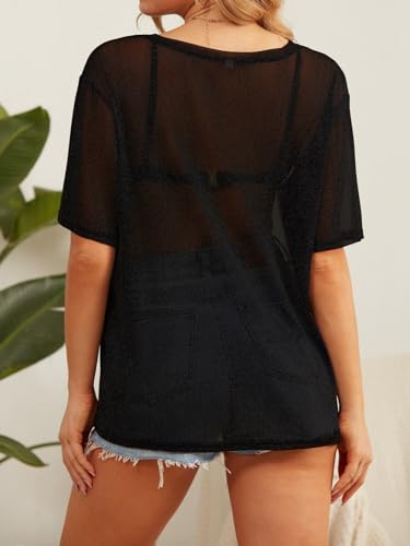 HWOKEFEIYU Women's Summer Short Sleeve Tops See Through Mesh Sheer Sexy T Shirt Blouse(Black,Small)