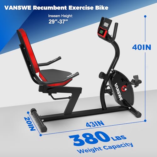 VANSWE Recumbent Exercise Bike for Seniors, Recumbent Bike for Home, Recumbent Stationary Bike 400LBS Weight Capacity with Smart App, LED Monitor, Heart Rate Handle, Magnetic Resistance (Red&Black)