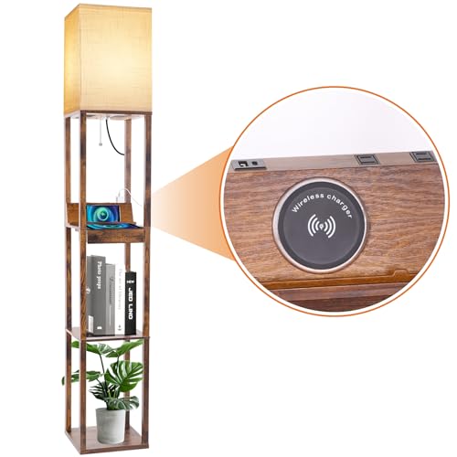 RUNTOP 3-Shelf Floor Lamp with LED Bulbs - Modern Standing Display Shelf Lamp for Living Room, Bedroom and Office (Black)
