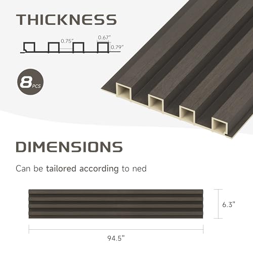 POHARE WPC Slat Wall Panels, 8 Pack Accent Slat Wood Slats for Wall and Ceilings, Acoustic Panels for Interior Wall Modern Décor, Black Brown, 95 x 6 in