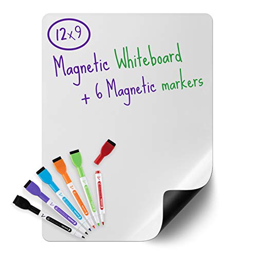 Kedudes Magnetic Dry Erase Board - Small Whiteboard for Fridge + 6 Colored Markers w/Eraser Caps - Fridge Board Magnetic with Marker, Message Center for Family, 9x12in