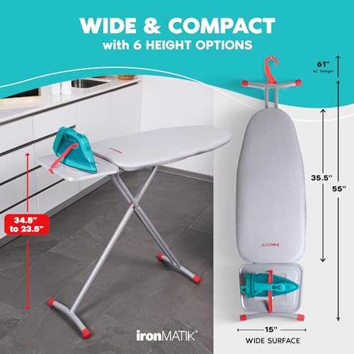 ironMATIK, Space Saver Ironing Board, 45.5"X15" Area (Board Length 35.5"), Easy Storage, 6 Levels of Adjustable Height, Heat Resistant Silicone Tray, Padded Top, Ideal for Small Spaces, Made in EU