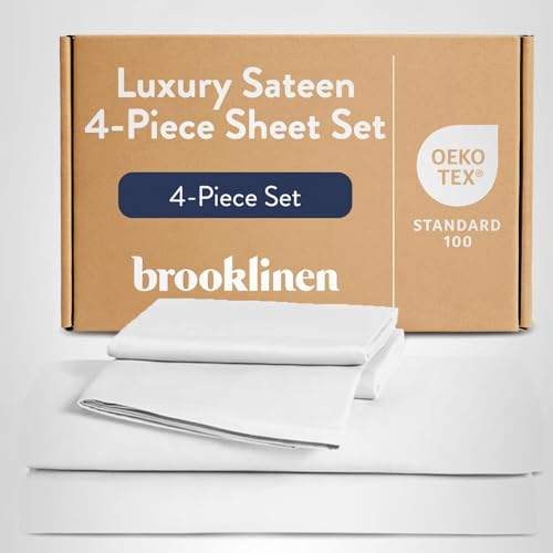 Brooklinen Luxury Sateen 4 Piece Sheet Set - 100% Cotton Bed Sheets, Soft & Durable Queen Size Sheets Set in White, Oeko-TEX Certified Bedding Set, 1 Fitted Sheet, 1 Flat Sheet, 2 Pillowcases