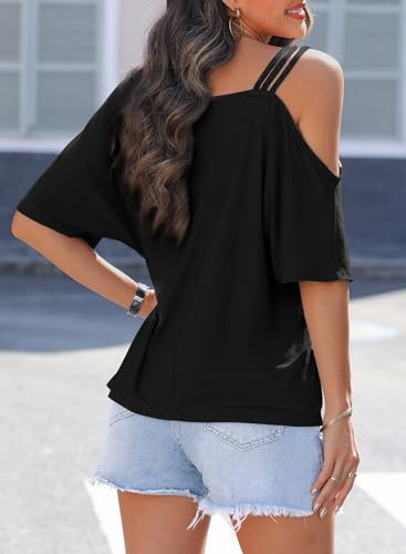 Dokotoo Black Womens Tops for Women Sexy Cute Off The Shoulder Top Cold Short Sleeve Shirts Summer Fashion 2024 Trendy Blouses Dressy Casual Business Vacation Beach Cruise Outfits Clothes Tshirts