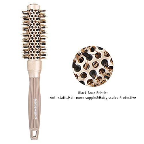 BANGMENG Round Brush with Boar Bristles, 1 inch Barrel, Nano Thermal Ceramic Ionic Tech for Straightening and Blow Drying, Gold
