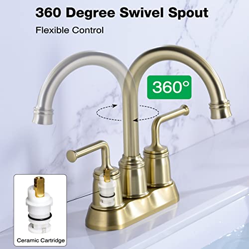TRUSTMI Centerset Bathroom Faucet 4 Inch Vanity Sink Hot Cold Faucet with Overflow Drain and Waterlines, Brushed Gold