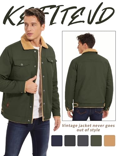 KEFITEVD Winter Jackets for Men Fleece Lined Windbreaker with Warm Collar Windproof Trucker Jacket Army Green S