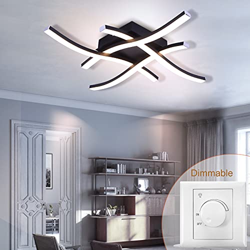 HUOKU 4-Light Dimmable LED Ceiling Light Modern, 24W Curved Ceiling Light Fixture Without Assembly Black Flush Mount Lighting Fixture for Hallway, Bedroom, Living Room, 1667M 3000K Warm White