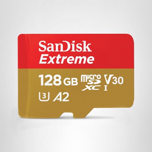 SANDISK 128GB Extreme microSDXC UHS-I Memory Card with Adapter - C10, U3, V30, 4K, 5K, A2, Micro SD Card - SDSQXAA-128G-GN6MA