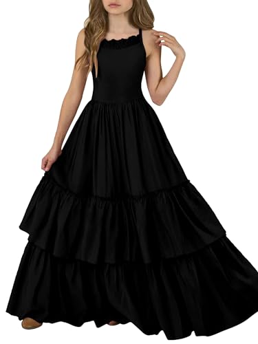 Kids4ever Girl Maxi Black Dress Size 6 Strap Bowknot Backless Kids Long Ruffle Tiered A-Line Flower Dresses with Embroidery Summer Beach Party