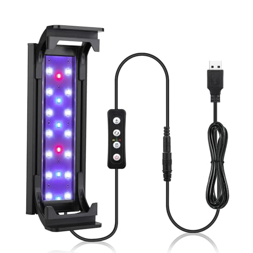 hygger 7W Full Spectrum Aquarium Light with Aluminum Alloy Shell and Plastic Extendable Brackets, White Blue Red LEDs, External Controller, for Freshwater Fish Tank (5-9.5 inch)
