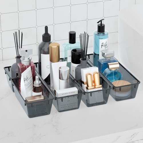 WOWBOX 6 Pack Clear Drawer Organizer Set, Acrylic Drawer Storage Trays, Storage Bins for Makeup, Cosmetics, Jewelries, Utensils, Gadgets, Office, Black