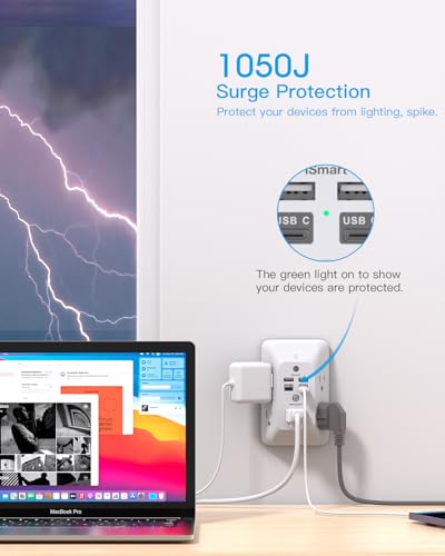 Multi Plug Outlet, Outlet Extender with 4 USB Ports (2 USB C) and Night Light, 1050J Surge Protector, Wall Mount, Outlet Splitter for Bathroom Kicthen Camper Dorm Room Essentials
