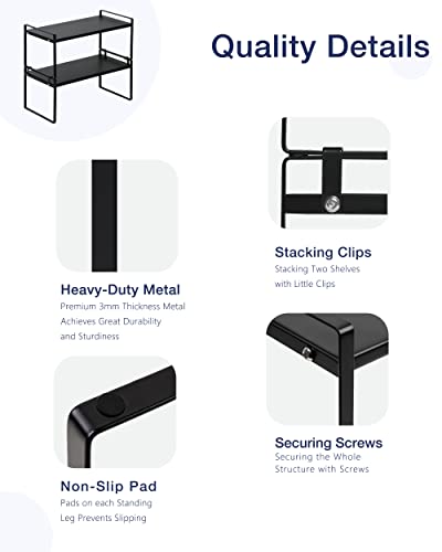 Nxconsu 2Pack Cabinet Shelves Stackable Shelf Organizer Rack Riser for Kitchen Cabinet Pantry Cupboard Counter Countertop Home Organization Storage Space Saver Heavy Duty Metal Nonslip Black