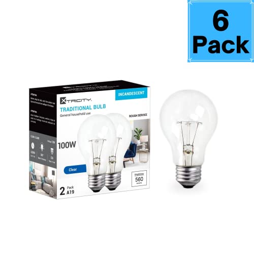 Xtricity A19 Clear Incandescent Rough Service Light Bulb, 100 Watt, 2700K Soft White, E26 Medium Base, 1020 Lumens, 130V (6 Pack)